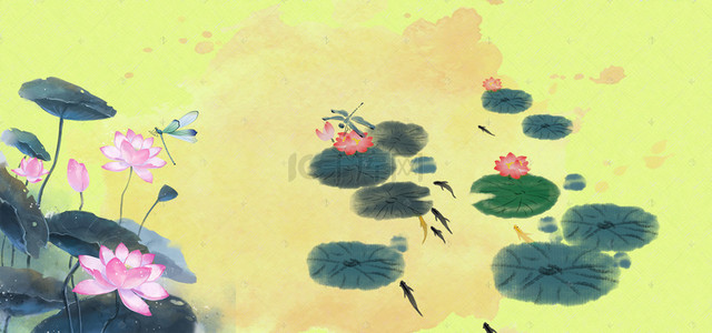 手绘荷花海报背景图片_中国风手绘荷花与蜻蜓背景素材
