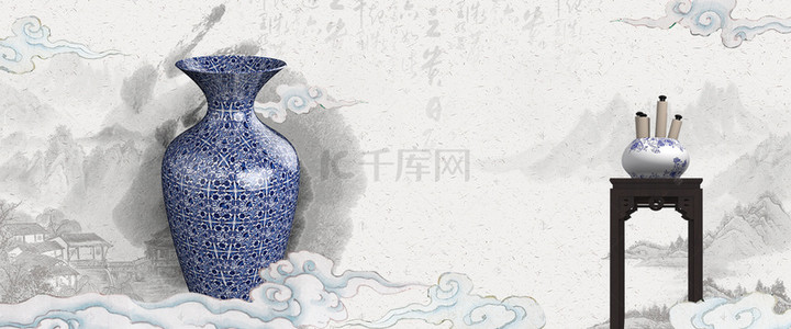 古董中国风背景图片_中国风水墨古董花瓶书画拍卖背景