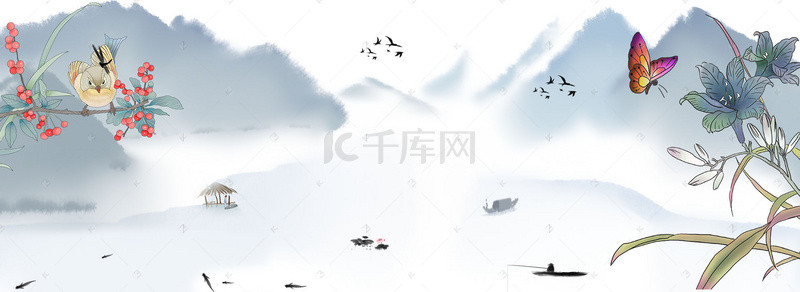 树枝卡通手绘背景图片_水墨风格山水树枝banner