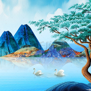 手绘新中式背景图片_蓝色手绘新中式回归自然山水树木背景