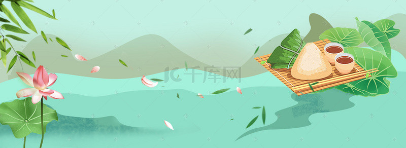河水背景图片_绿色小清新荷花夏季粽子河水背景