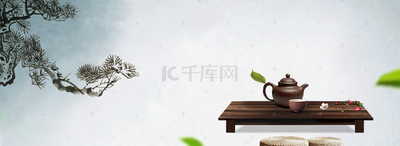 茶具背景图片_青花瓷茶具文艺青色banner