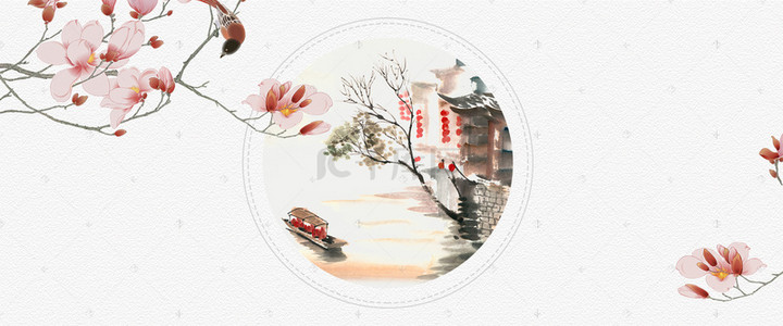 手绘边框复古背景图片_荷花建筑中国风边框banner