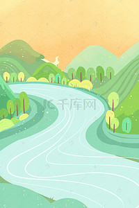 大树免扣png背景图片_卡通绿色森林和河流免抠图
