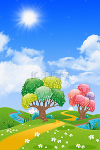 卡通，绿色，树木背景图片_美丽卡通绿色春天大自然风景背景