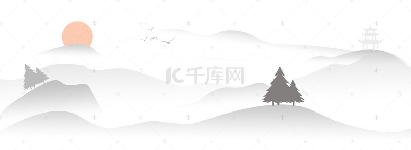 山水水墨红日背景图片_水墨中国风中式剪影海报背景