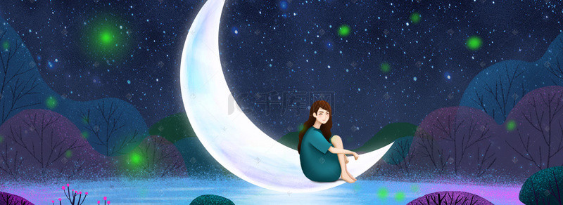 手绘女孩海报背景图片_蓝紫色月亮上的女孩仲夏夜之梦banner