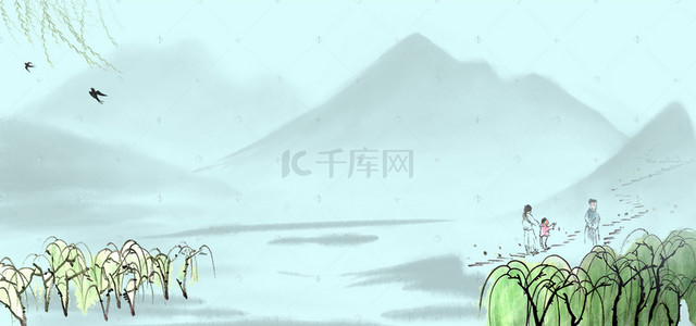 人物放风筝插画背景图片_清明节踏青清新手绘banner