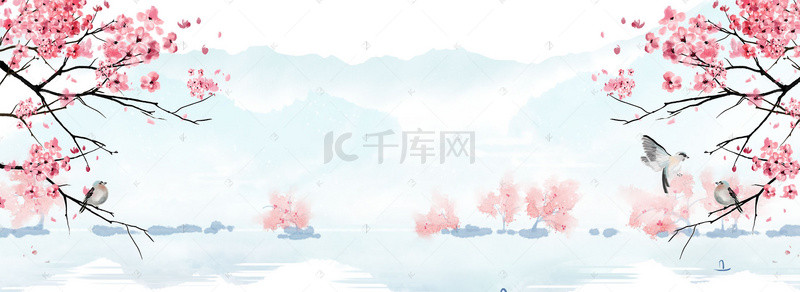 樱花朵背景图片_粉色樱花湖泊海报背景