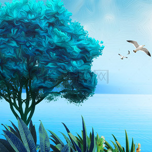 山水小船背景图片_蓝色手绘新中式回归自然山水树木背景