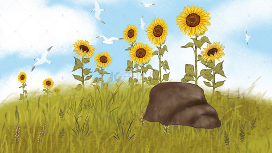 草地花朵手绘背景图片_手绘卡通向日葵海报背景