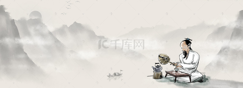 仙鹤banner背景图片_茶艺茶道水墨简约banner