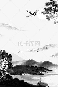 中国工笔画素材背景图片_复古水墨山水工笔画背景模板