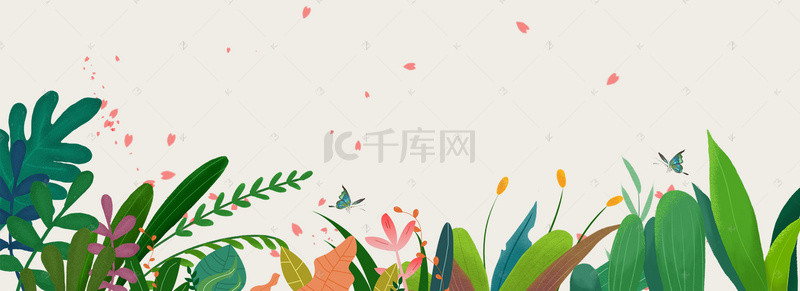 绿色清新植物花卉背景图片_卡通风新春绿色手绘植物电商海报