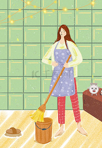 打扫房间背景图片_清新卡通少女打扫房间背景