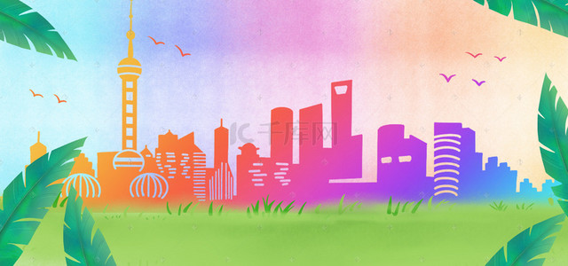 物业背景图片_和谐社区彩色城市建筑背景