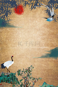 工笔画荷塘背景图片_工笔画古典中国画中国风柳枝圆日仙鹤山丘