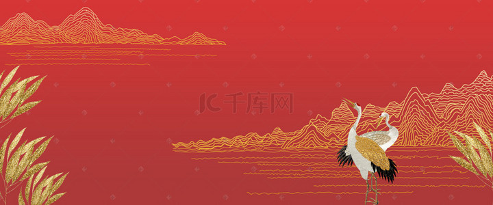 仙鹤素材背景图片_中国风烫金新年元旦电商海报