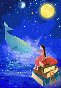 鲸鱼梦幻星空背景图片_读书日梦幻星空卡通广告背景