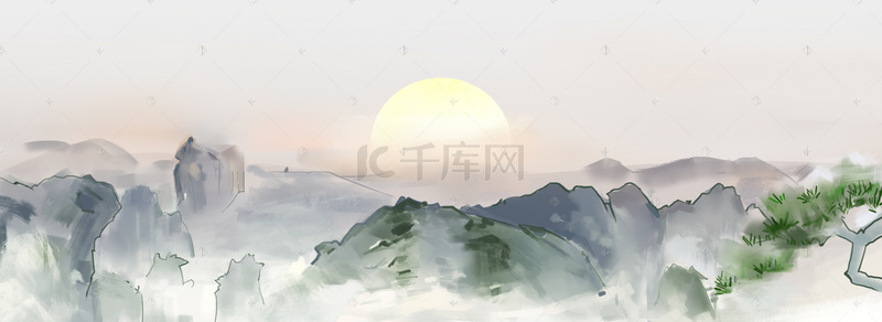 水墨山水背景素材背景图片_日出水墨山水背景素材