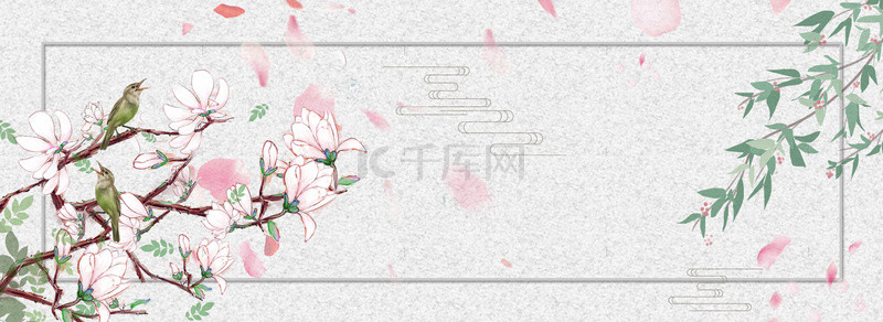 花鸟清新背景图片_简约中国风花鸟花卉banner