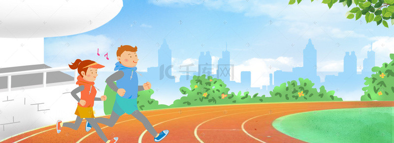 蓝天城市背景背景图片_毕业季学校操场跑步人物背景
