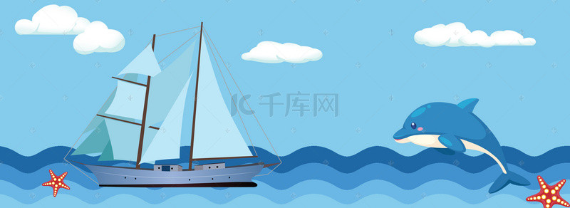 愤怒的海豚背景图片_海边海豚帆船夏季旅游海报背景