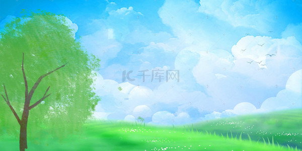 草地树背景背景图片_树草地蓝天立体设计海报背景