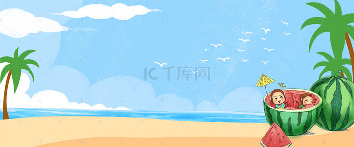 海边游泳背景图片_夏日海边沙滩蓝天白云背景