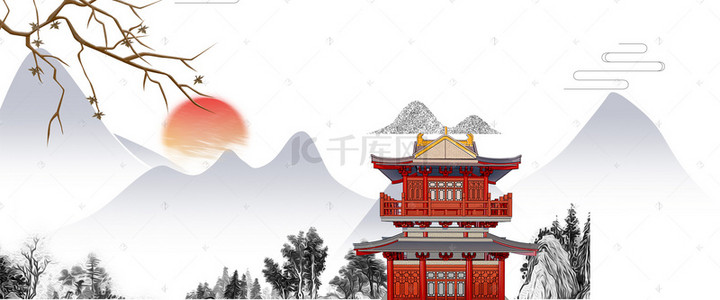 手绘别墅房地产背景图片_新中国风中式复古房地产