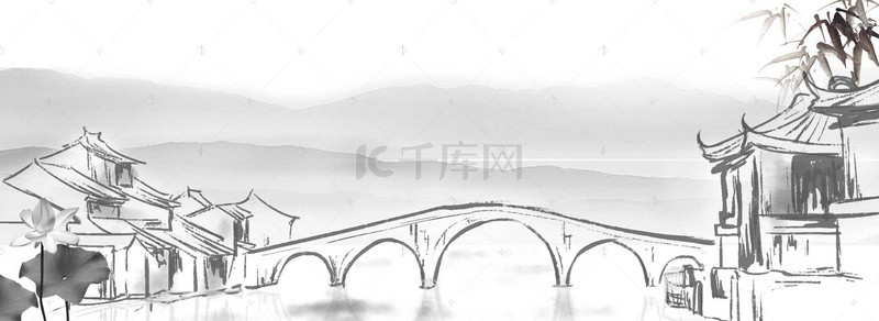 中国水墨江南小桥荷花西湖海报背景