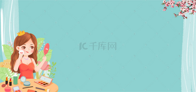 女生美妆背景图片_美妆节文艺手绘花瓣蓝banner