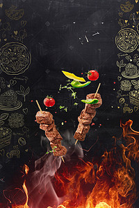 调料背景图片_烤肉漂浮调料火烧肉黑板广告背景