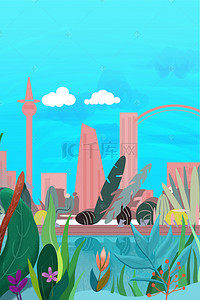 城市倒影背景图片_扁平卡通手绘沿海城市建筑风景