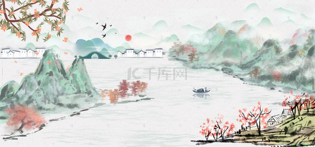手绘山峰背景图片_中国风手绘山水画平面广告