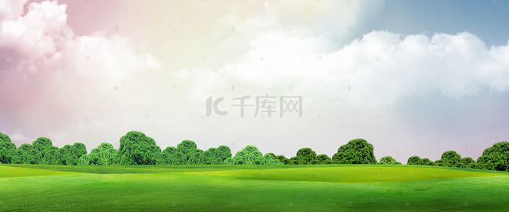 蓝天展板背景图片_清新公园草地蓝天背景