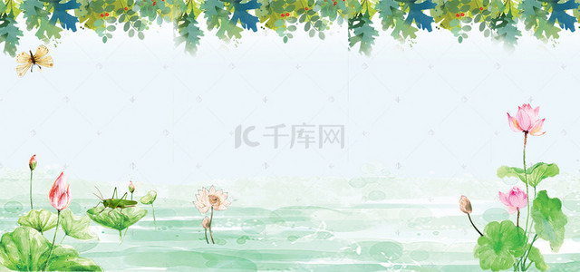 蓝色清新中国风荷花banner