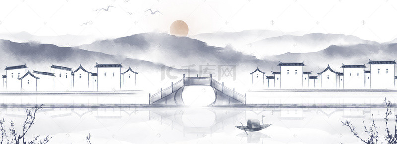 水墨山河背景图片_中国风徽派建筑水墨风景