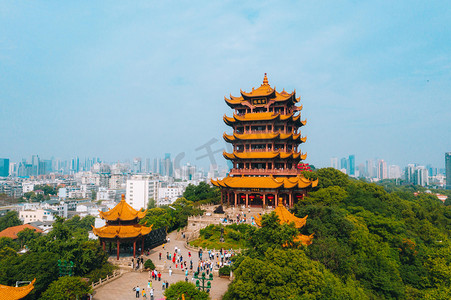 武汉城市地标晴天建筑黄鹤楼俯拍航拍摄影图配图