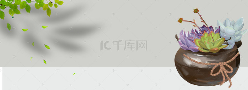 清新多肉背景图片_灰色小清新多肉绿植盆电商banner