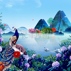 新唯美背景图片_蓝色唯美新中式远山花卉孔雀背景