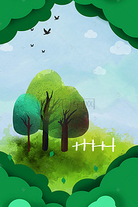 清新手绘绿叶背景图片_春季草地树木折纸边框电商淘宝背景Ｈ5