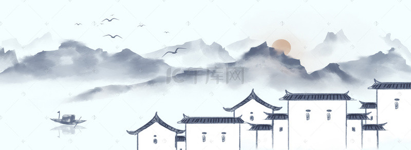 垂柳溪水gif背景图片_房屋中国风冷色banner