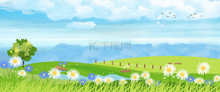 绿色春天出游背景图片_踏青卡通绿色海报背景