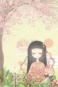 粉色的樱花树背景图片_春天花树下穿汉服的女孩