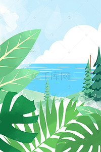 夏天美景背景图片_简单沙滩绿树主题背景