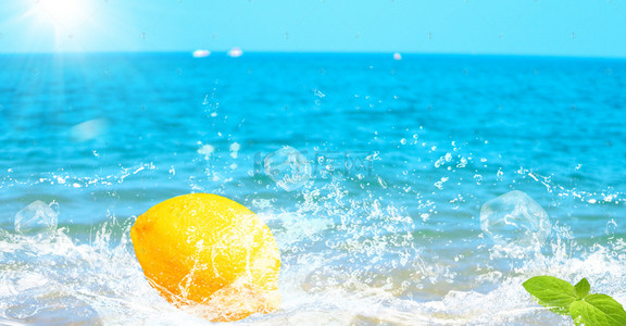 夏日柠檬水果背景图片_创意合成清爽夏日沙滩柠檬水果背景