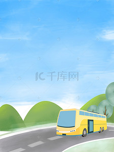 绿色出游背景图片_清新绿色五一出游大巴士背景