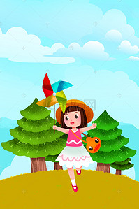 卡通清新春分女孩拿着风车海报背景