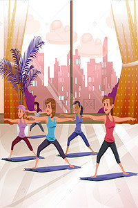 冬天室内练瑜伽背景图片_秋季养身女子瑜伽手绘锻炼宣传海报